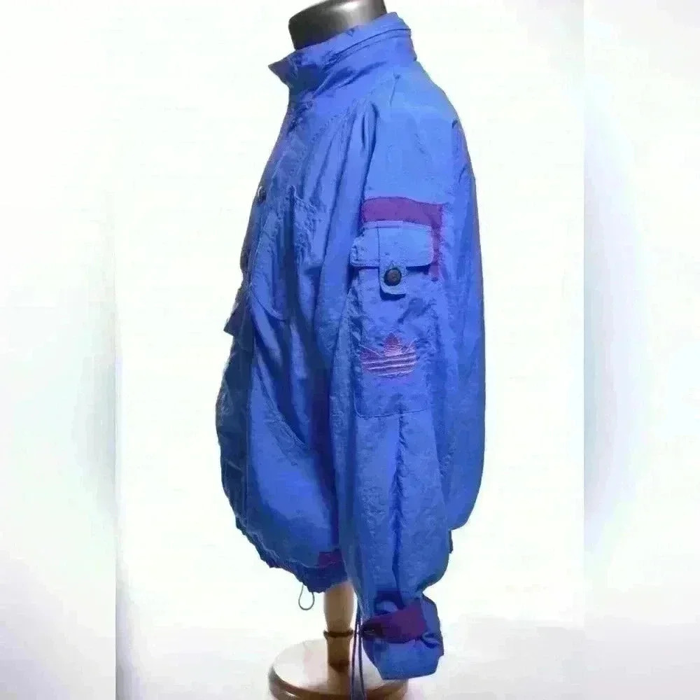 90s ADIDAS Neon Blue Purple Nylon Anorak Windbreaker Track Jacket Hoodie L XL - Picture 2 of 9